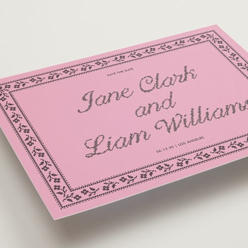 This is a bubblegum petite save the dates with standard by Kelly Watkins called avery printing on signature in petite