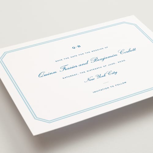 This is a marine blue petite save the dates with standard by Megan Davis called brasserie printing on signature in petite
