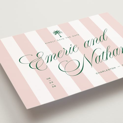 This is a taffy petite save the dates with standard by Susan Zinader called palm stripes printing on signature in petite