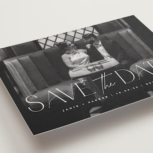 This is a pearl save the date postcards with standard by Jessica Corliss called simple elegance printing on signature in postcard