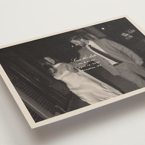 This is a cream save the date postcards with standard by Ellen Schlegelmilch called louie printing on signature in postcard