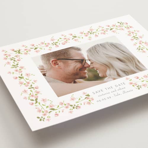 This is a peony save the date postcards with standard by Baumbirdy called rosebud printing on signature in postcard