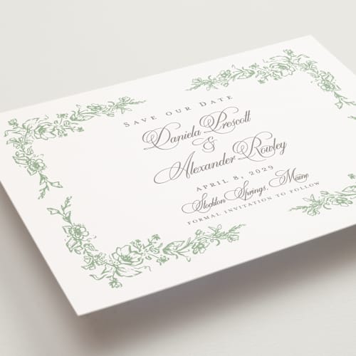 This is a mint save the date postcards with standard by Melinda Denison called romantic garden printing on signature in postcard