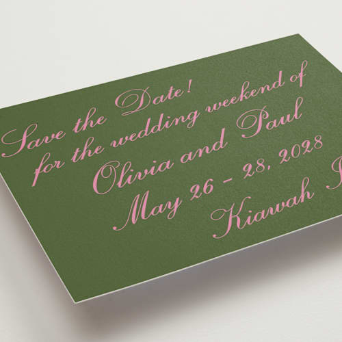 This is a moss save the date postcards with standard by Megan Davis called kiawah printing on signature in postcard