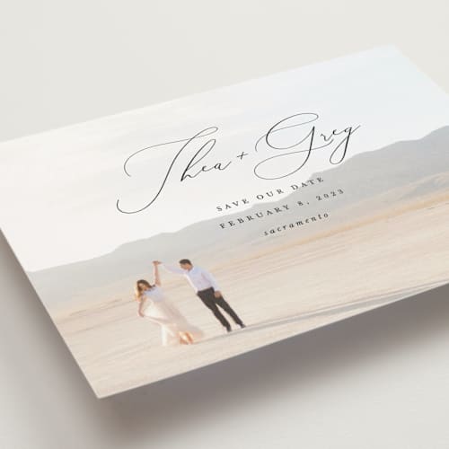 This is a graphite save the date postcards with standard by Snow and Ivy called enchantment printing on signature in postcard