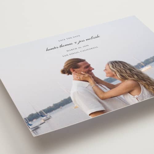 This is a tuxedo save the date postcards with standard by Michelle Buckner called horizon printing on signature in postcard