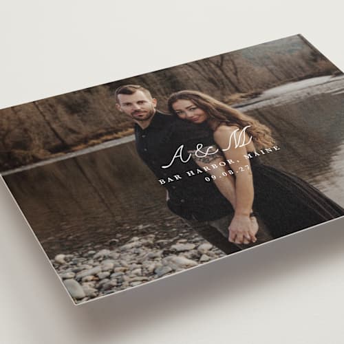 This is a pearl save the date postcards with standard by Up Up Creative called lettra printing on signature in postcard