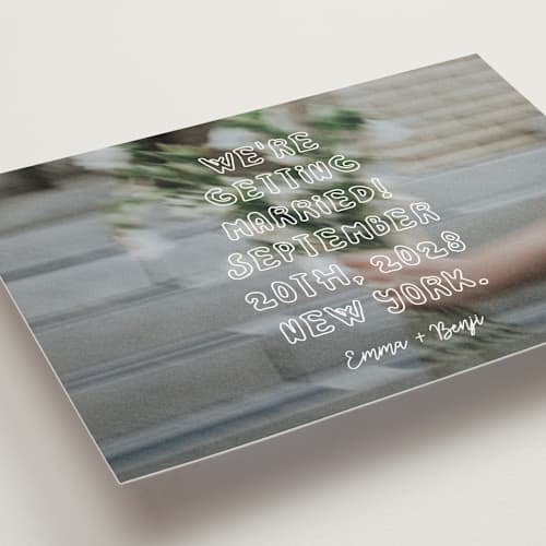This is a vanilla save the date postcards with standard by Helena Vitto called cool kids printing on signature in postcard