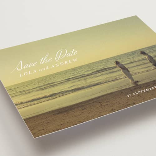 This is a pearl save the date postcards with standard by Stacey Day called essence printing on signature in postcard
