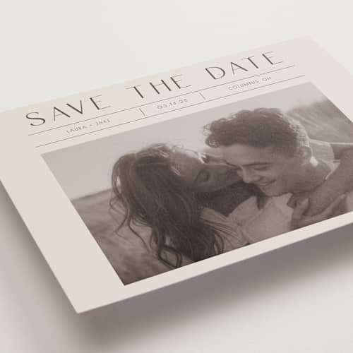 This is a mist save the date postcards with standard by Christy Hy Lee called you and me printing on signature in postcard