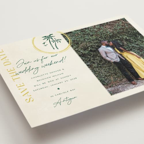 This is a island citrus save the date postcards with standard by Pixel and Hank called coastal drift printing on signature in postcard