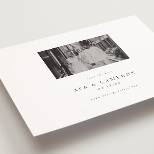 This is a onyx save the date postcards with standard by Jennifer Postorino called simple elegance printing on signature in postcard