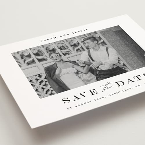 This is a midnight save the date postcards with standard by Stacey Meacham called classic charm printing on signature in postcard