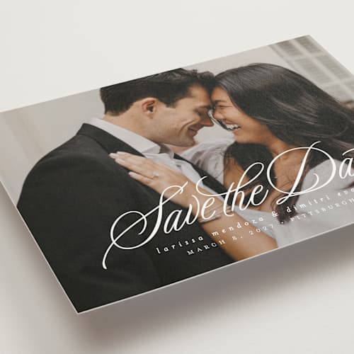 This is a pearl save the date postcards with standard by Lea Delaveris called lovely day printing on signature in postcard