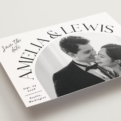 This is a ivory save the date postcards with standard by Alethea and Ruth called side curve printing on signature in postcard