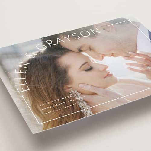 This is a snow save the date postcards with standard by Lauren Chism called take shape printing on signature in postcard