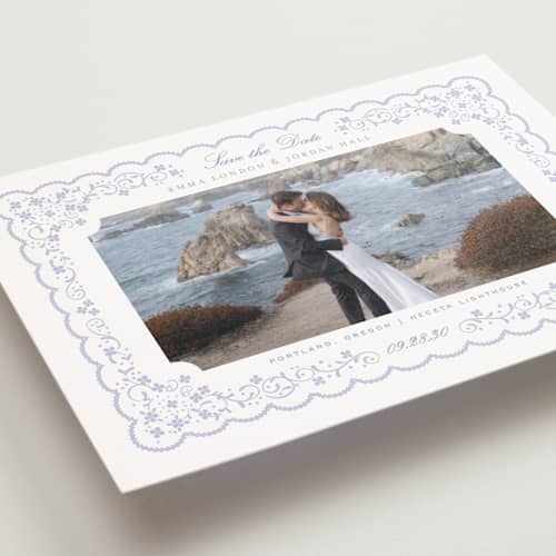 This is a something blue save the date postcards with standard by Erin L. Wilson called tillie printing on signature in postcard