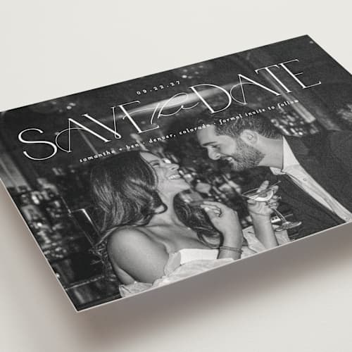 This is a pearl save the date postcards with standard by Brooke Chandler called elegant fete printing on signature in postcard