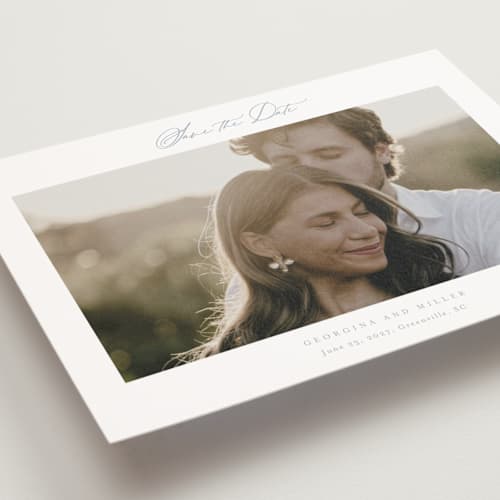 This is a dusty blue save the date postcards with standard by Stacey Meacham called modern air printing on signature in postcard
