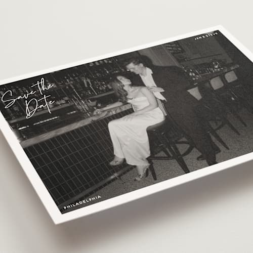 This is a cloud save the date postcards with standard by Inkblot Design called corners printing on signature in postcard