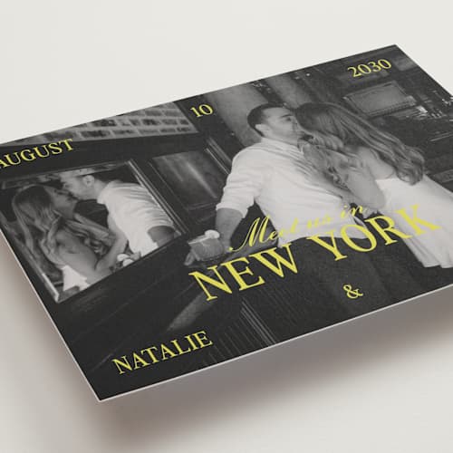 This is a sunline save the date postcards with standard by Pixel and Hank called metro printing on signature in postcard