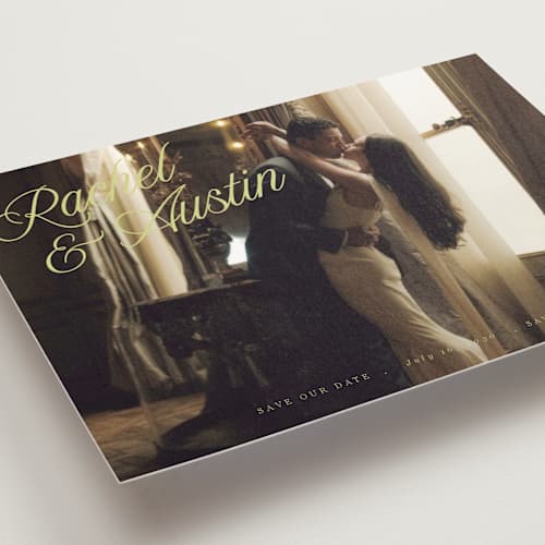 This is a citrus save the date postcards with standard by Lindsay Megahed called savannah printing on signature in postcard