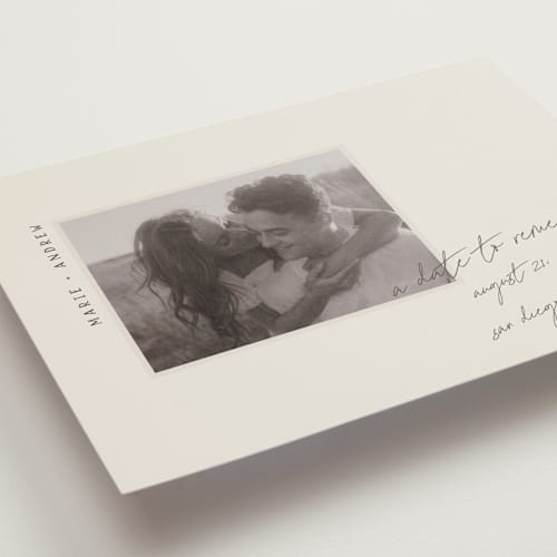 This is a truffle save the date postcards with standard by Vera Lim called offset printing on signature in postcard