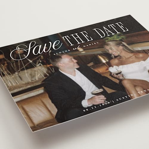 This is a porcelain save the date postcards with standard by Maria Alou called his & hers printing on signature in postcard