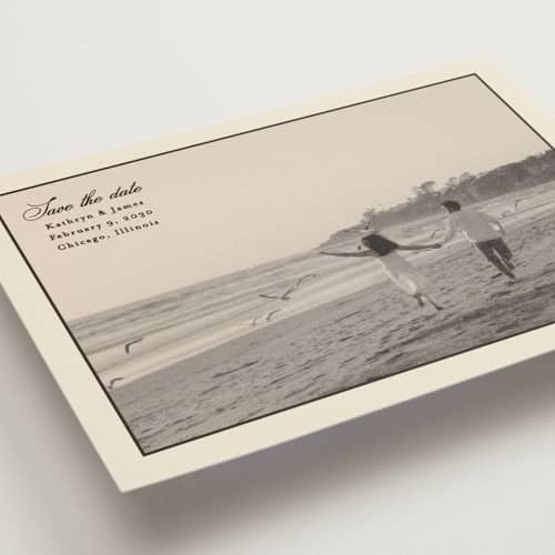 This is a chocolate save the date postcards with standard by Ellen Schlegelmilch called kathryn printing on signature in postcard
