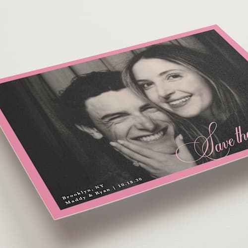 This is a peony save the date postcards with standard by Morgan Kendall called bubblegum printing on signature in postcard