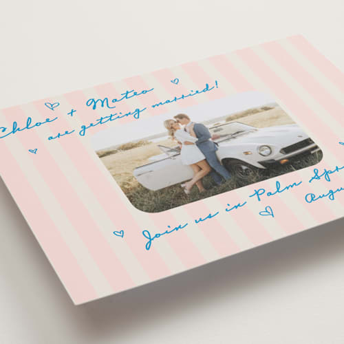 This is a pink grapefruit save the date postcards with standard by Jackie Crawford called the right stripes printing on signature in postcard