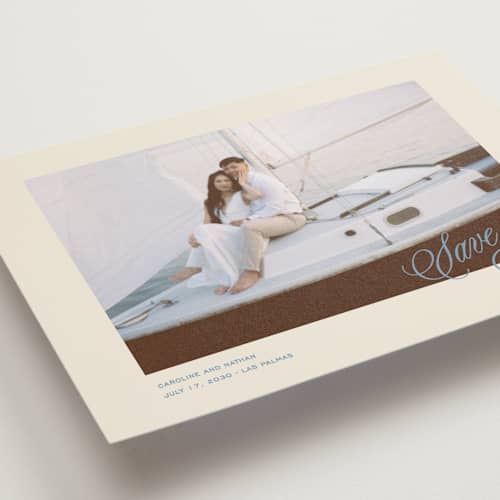 This is a capri save the date postcards with standard by Creo Study called classic contemporary printing on signature in postcard