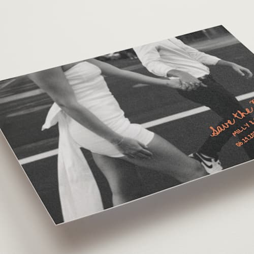 This is a tangerine save the date postcards with standard by Jelena Vuletic called imprint printing on signature in postcard