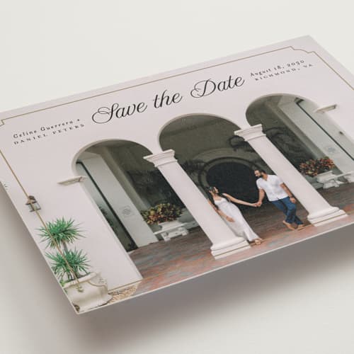 This is a golden save the date postcards with standard by Pink House Press called notched up printing on signature in postcard