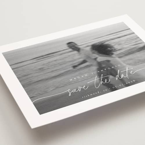 This is a ivory save the date postcards with standard by Pippa Shaw called gaussian printing on signature in postcard
