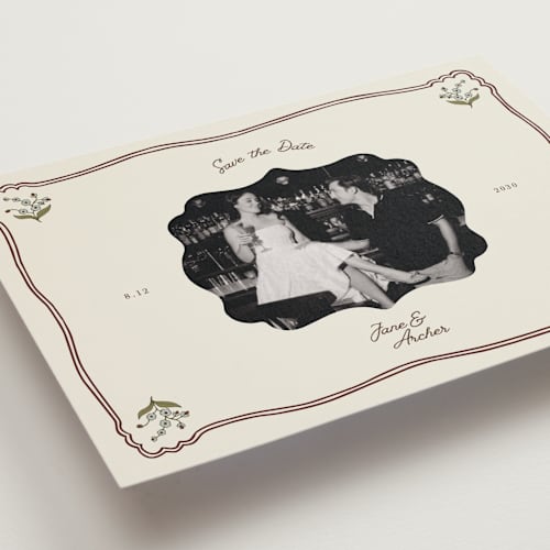 This is a wine save the date postcards with standard by Olivia Brinks called married + matted photo printing on signature in postcard