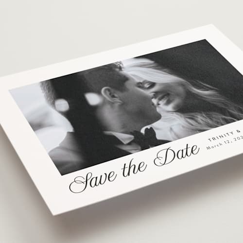 This is a tux save the date postcards with standard by Susan Asbill called classically printing on signature in postcard