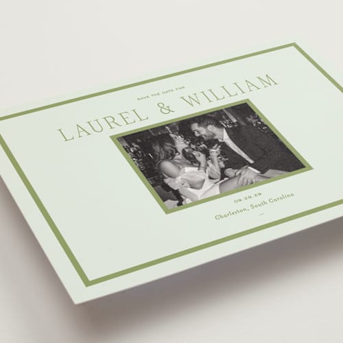 This is a forest save the date postcards with standard by Sara Hicks Malone called dewberry printing on signature in postcard