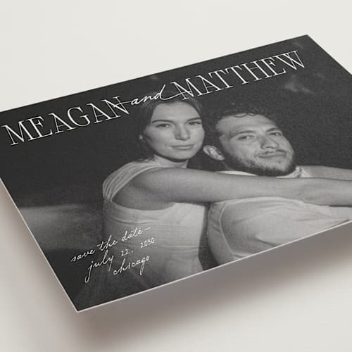 This is a pearl save the date postcards with standard by Mellary Bitner called cover shot printing on signature in postcard