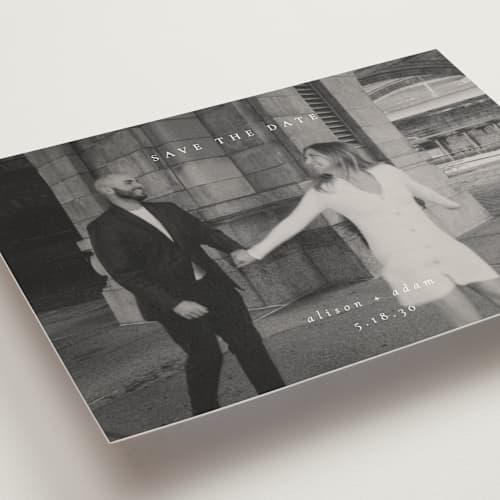 This is a cotton save the date postcards with standard by Amy Kross called veneer printing on signature in postcard