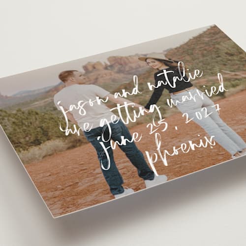 This is a marshmallow save the date postcards with standard by Keen Peachy called oh by the way printing on signature in postcard