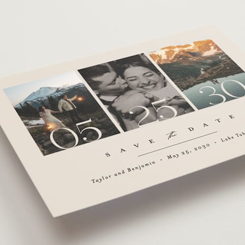 This is a ecru save the date postcards with standard by Erica Krystek called simple trio printing on signature in postcard