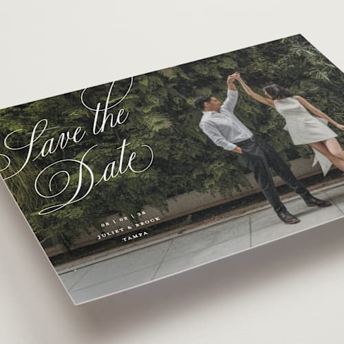 This is a pearl save the date postcards with standard by Pixel and Hank called enamored printing on signature in postcard