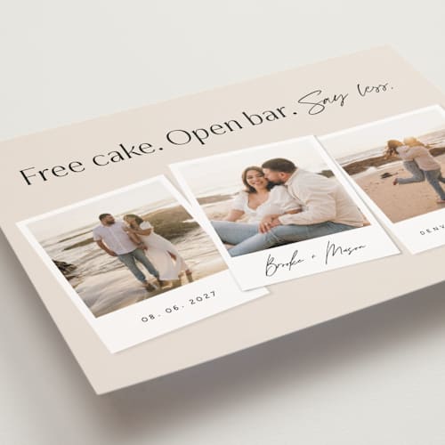 This is a almond save the date postcards with standard by Stephanie Hawkes called say less printing on signature in postcard