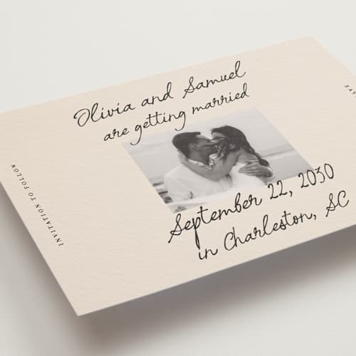 This is a linen save the date postcards with standard by Kercia Jane called written in love printing on signature in postcard