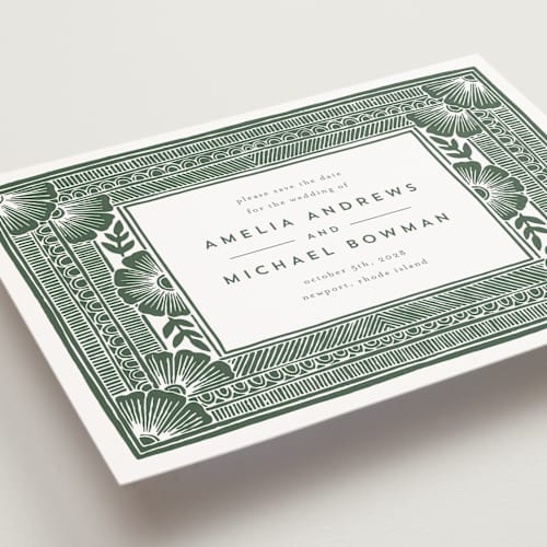 This is a fern save the date postcards with standard by Katharine Watson called block print frame printing on signature in postcard