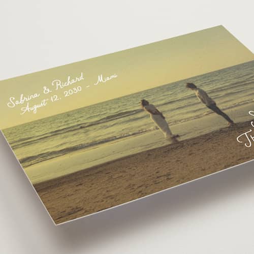 This is a moonstone save the date postcards with standard by Creo Study called slanted printing on signature in postcard
