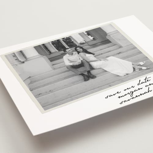 This is a ivory save the date postcards with standard by Maja Cunningham called venecia printing on signature in postcard