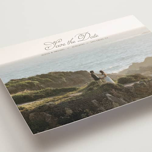 This is a moss save the date postcards with standard by Casey Miller called quiet horizon printing on signature in postcard