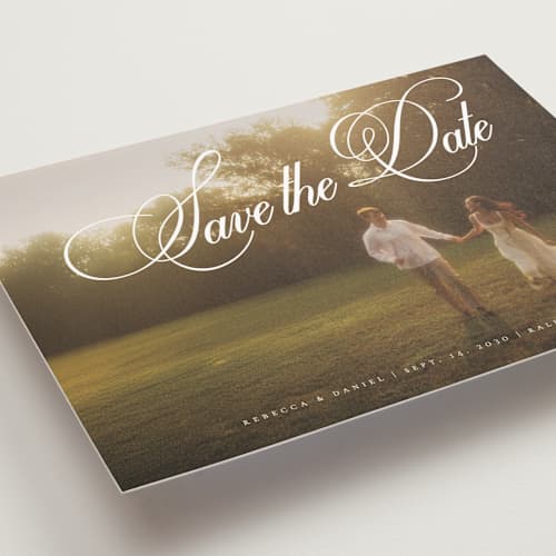 This is a porcelain save the date postcards with standard by Orasie called vintage elegant printing on signature in postcard